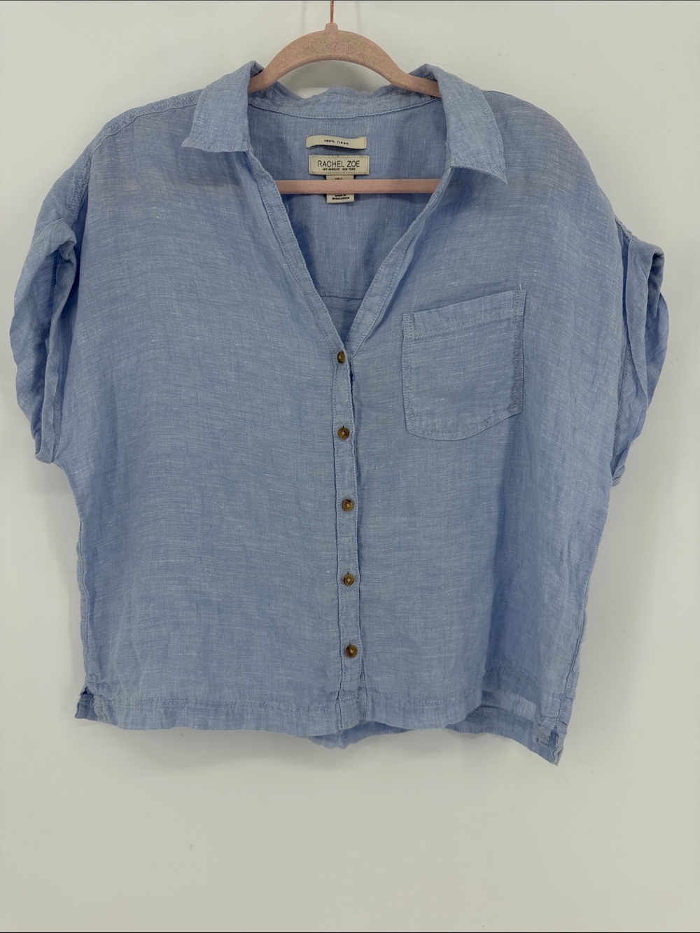 Rachel Zoe 100% Linen Blue Button Front Shirt Top Size Large